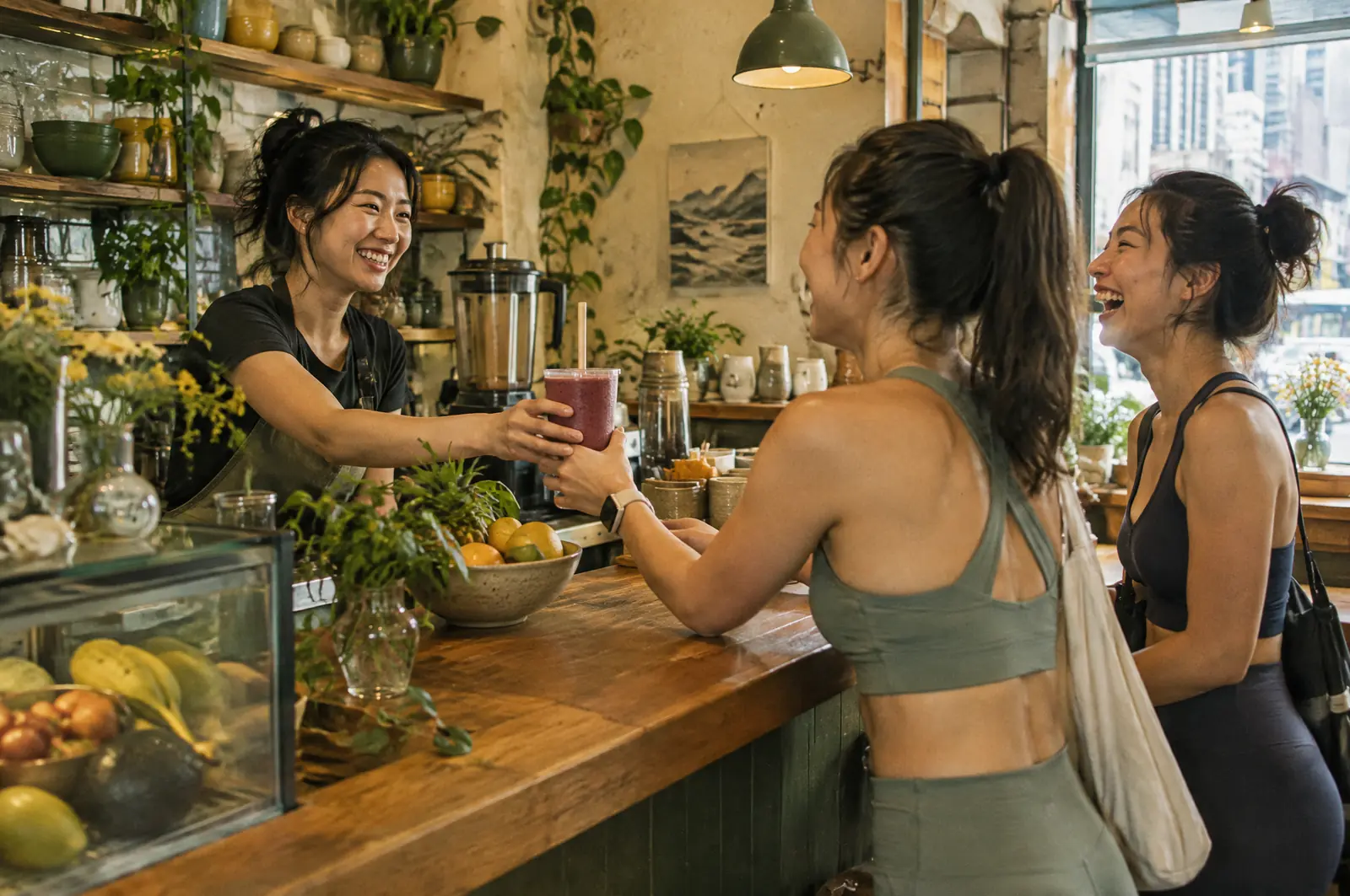 A barista handing a smoothie across a café counter