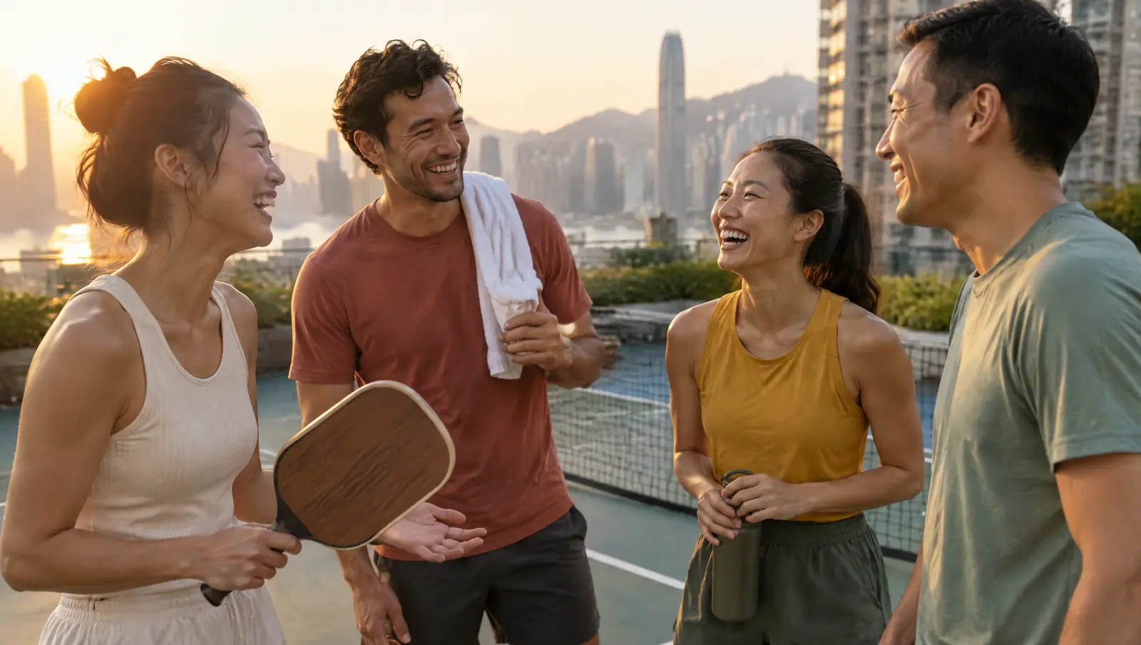 Four friends laughing beside a rooftop pickleball court at golden hour