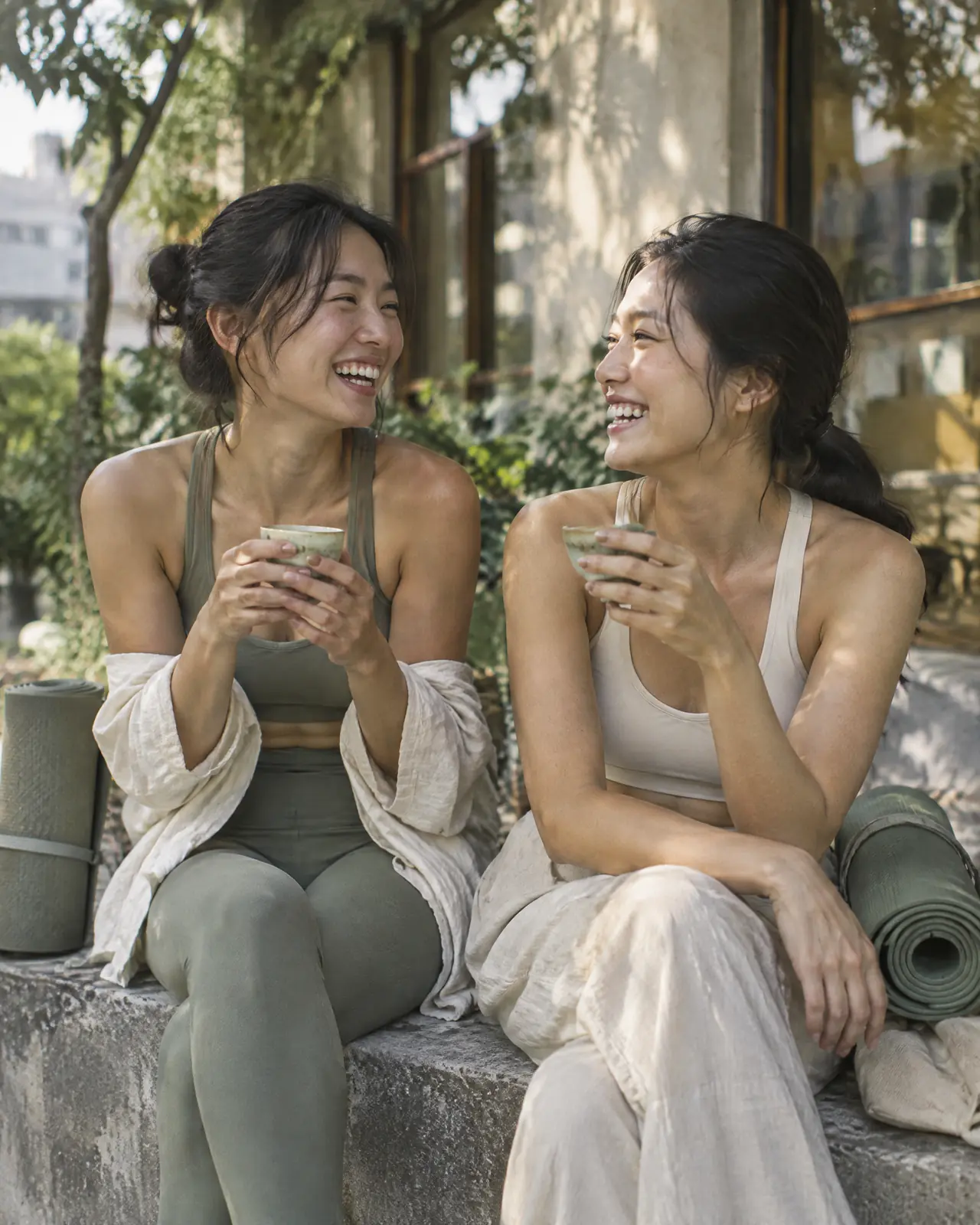 Two new friends laughing over tea after a class